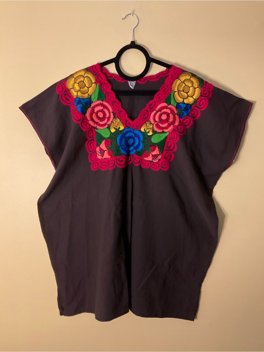 Vintage 100% Cotton Women’s Brown Embroidered Floral Tunic - Multicolor Yoke